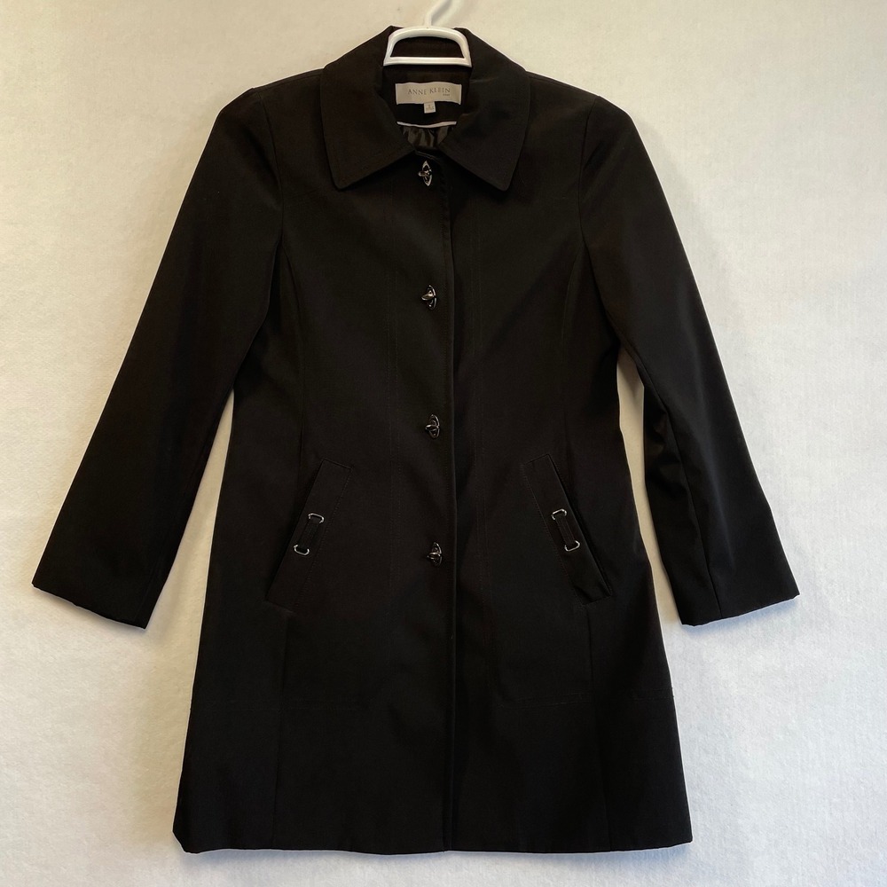 Anne Klein Black Turn-Lock Front Mid-Length Trench Coat Jacket Womens Small S